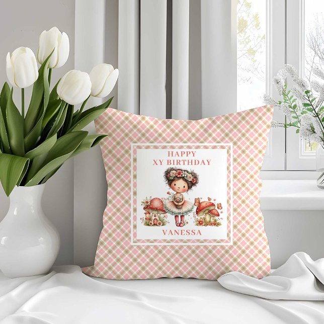 Almofada Travesseiro de Flores Rosadas de Aniversário de 1  (Whimsical Fairy 1st Birthday Blush Flowers Pillow)