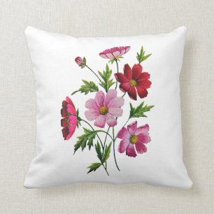 Almofada Travesseiro de Flores Vermelhas e Rosa Bordados Fa