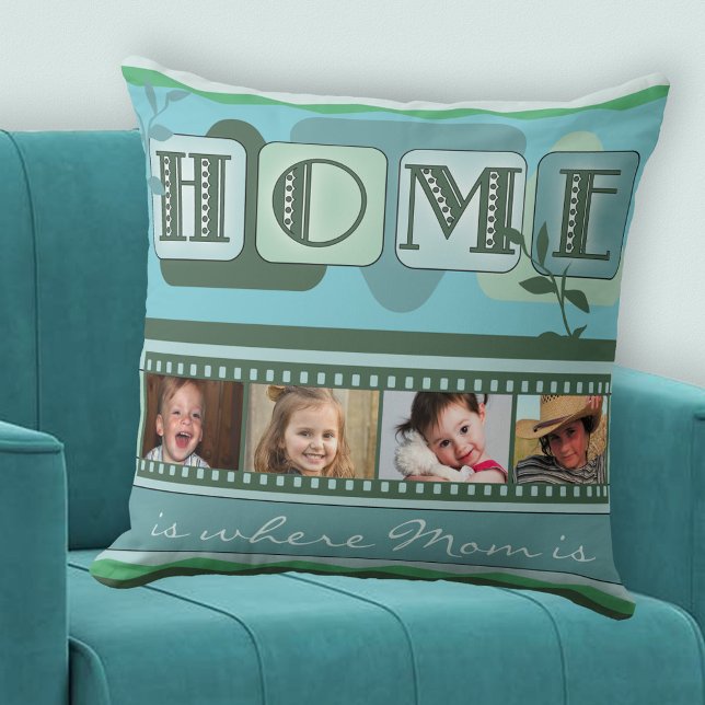 Almofada Travesseiro de Fotografia Verde Folha Personalizad (A modern teal green pillow with a "Home is ..." theme with your own photos - Mother's Day - birthday)