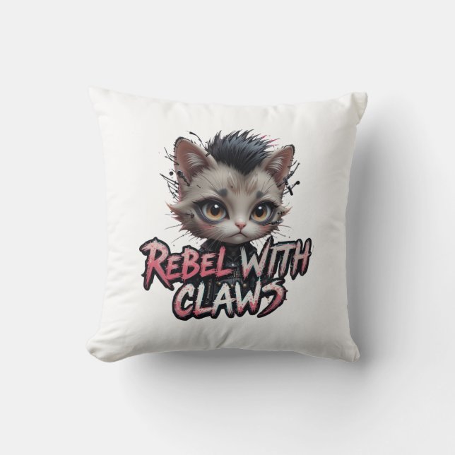 Almofada Travesseiro de Gato Punk Rock Rebelde com Garras (Frente)