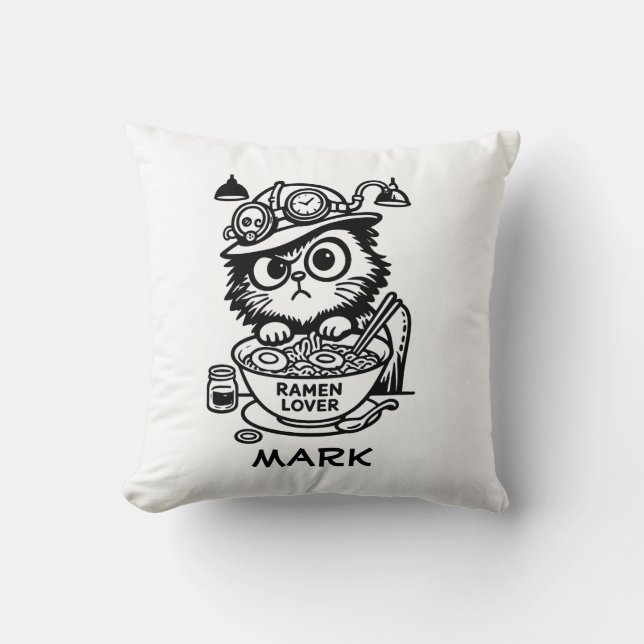 Almofada Travesseiro de Gato Steampunk Mal-Humorado Comendo (Frente)
