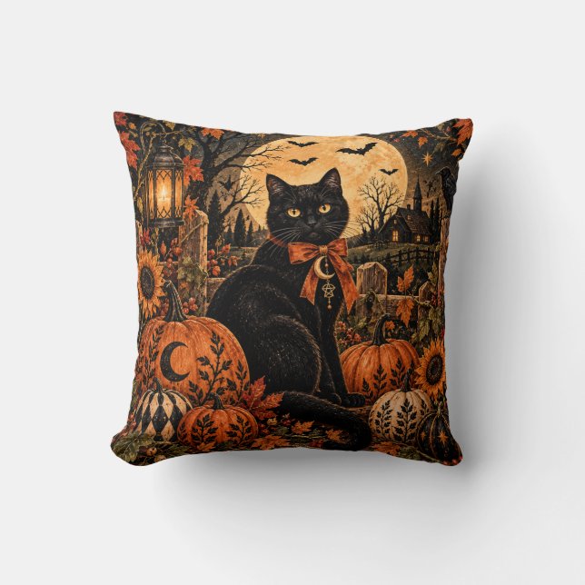 Almofada Travesseiro de Halloween Lua Abóbora Gato Preto (Frente)