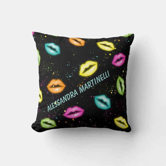 Almofada Travesseiro de Lábios Neon Personalizado em Preto (Frente)