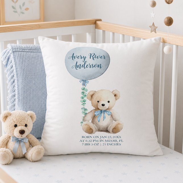 Almofada Travesseiro de Nascimento Urso Teddy Azul Bebê (Blue Balloon birth announcement pillow)