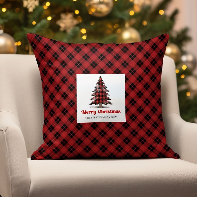 Almofada Travesseiro de Natal Aconchegante com Xadrez de Bú (Cozy Christmas Buffalo Plaid Family Name Pillow)