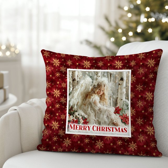 Almofada Travesseiro de Natal Anjo Vermelho e Dourado Calmo (Calm Red and Gold Vintage Angel Christmas Pillow)