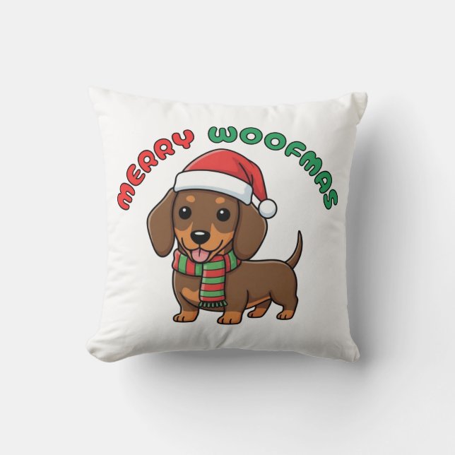 Almofada Travesseiro de Natal Brown Dachshund: Feliz Woofma (Frente)