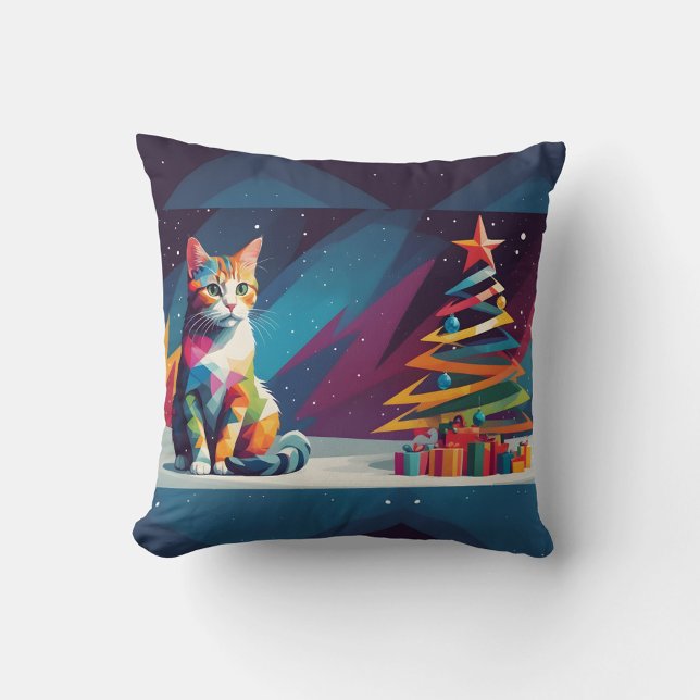 Almofada Travesseiro de Natal Gato Geométrico (“Add a pop of color and holiday cheer with this geometric cat pillow!”)