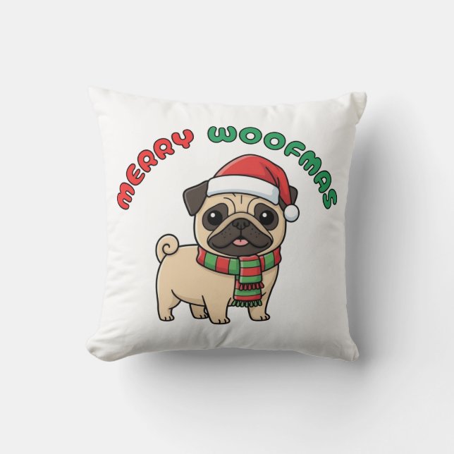 Almofada Travesseiro de Natal Pug: Feliz Woofmas (Frente)