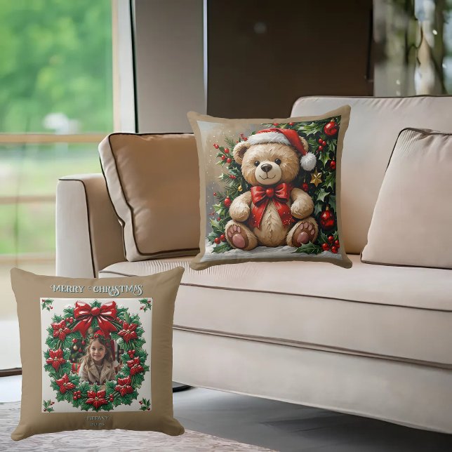 Almofada Travesseiro de Natal Urso de Azevinho (Criador carregado)