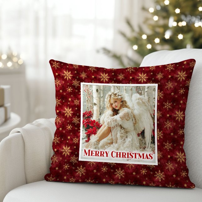 Almofada Travesseiro de Natal Vermelho e Dourado Anjo Vitor (Dreamy Victorian Angel Red and Gold Holiday Pillow)