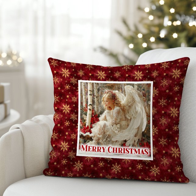 Almofada Travesseiro de Natal Vermelho e Dourado Anjo Vitor (Jolly Victorian Angel Red and Gold Holiday Pillow)
