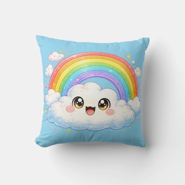 Almofada Travesseiro de Nuvem e Arco-íris Feliz Kawaii (Frente)