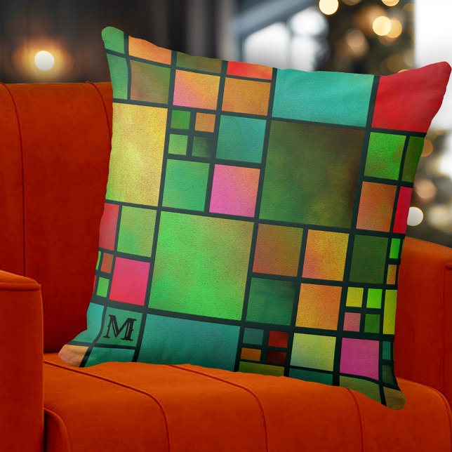 Almofada Travesseiro de Padrão Geométrico do Monograma (Modern colorful checkered pillow featuring a geometric mosaic pattern with watercolor effects)