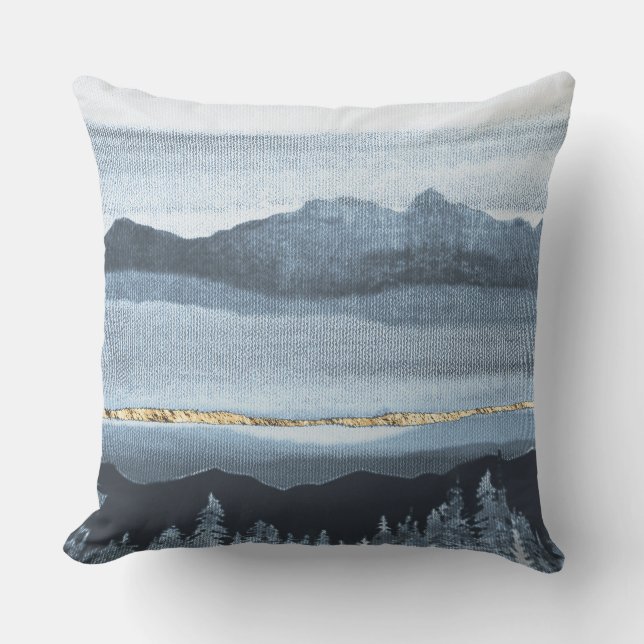 Almofada Travesseiro de Paisagem Dourada Azul Texturizado (Frente)