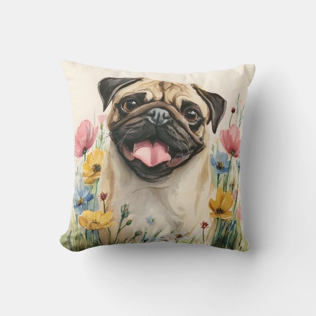 Almofada Travesseiro de Pug em Aquarela (Frente)