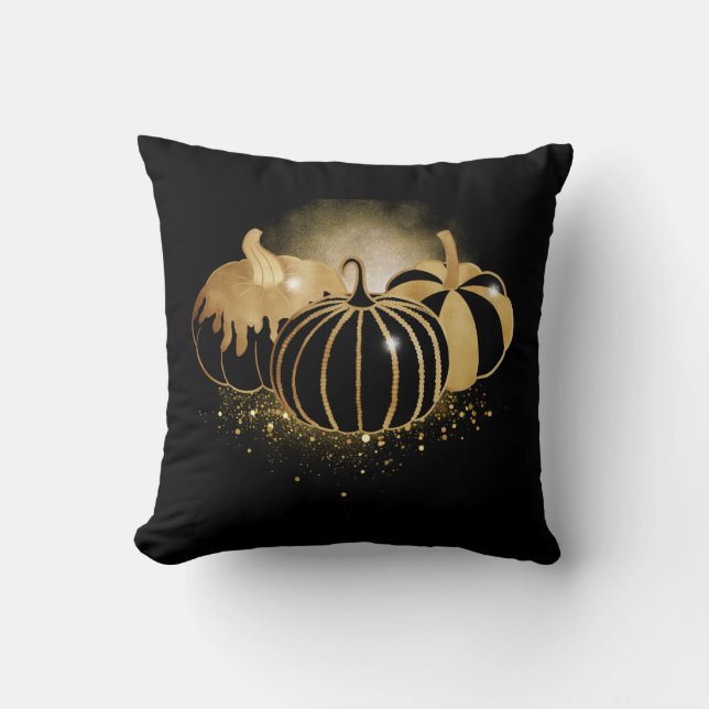 Almofada Travesseiro de Pumpkin Dourado Sparkle Preto (Frente)