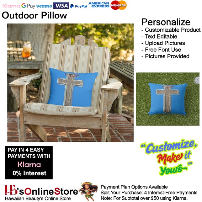 Almofada Travesseiro decorativo ao ar livre com fundo azul (Cross Outdoor Throw Pillow with Blue Background.)