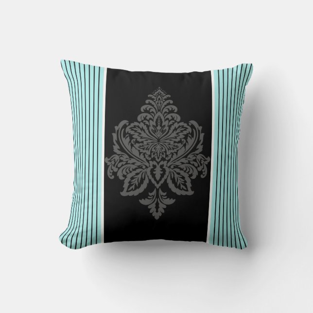 Almofada Travesseiro decorativo azul, damasco e faixas pret (Frente)