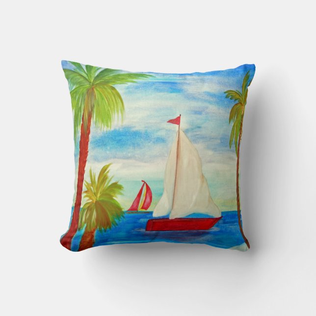 Almofada Travesseiro decorativo Barcos Vermelhos à Vela (Frente)