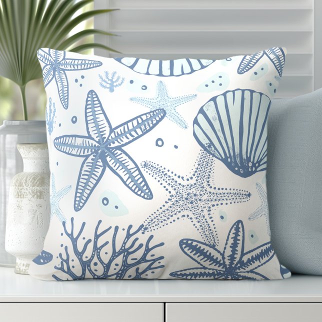Almofada Travesseiro decorativo Branco Azul de Starfish (Discover Gorgeous Coastal Throw Pillows by Totally Coast.)