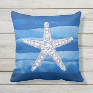 Almofada Travesseiro decorativo Branco Azul Oceano Starfish