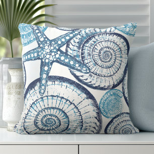 Almofada Travesseiro decorativo Branco Azul Shell Starfish 