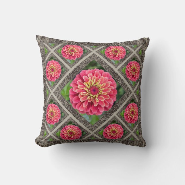Almofada Travesseiro decorativo com lindas Zinnias rosa (Frente)