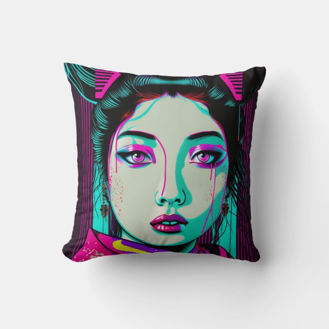 Almofada Travesseiro decorativo Cyberpunk Geisha de 16" x 1 (Frente)