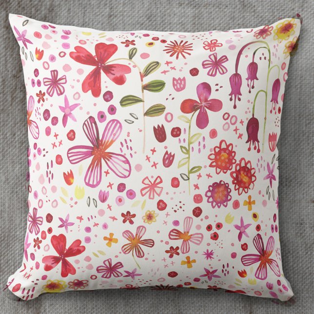 Almofada Travesseiro decorativo de Aquarela de Flor Selvage (Watercolor boho floral painting art pillow)