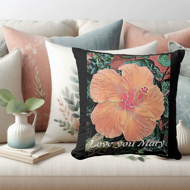 Almofada Travesseiro decorativo de Aquarela Personalizado d (Orange Hibiscus Watercolor Tropical Flower Bloom Throw Pillow)