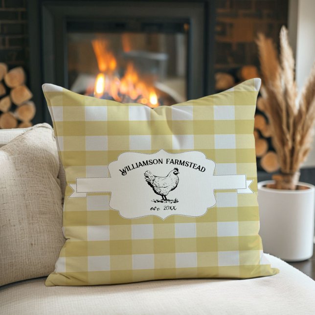 Almofada Travesseiro decorativo de frango Xadrez de Buffalo (Yellow Buffalo Plaid Farm Chicken Throw Pillow)