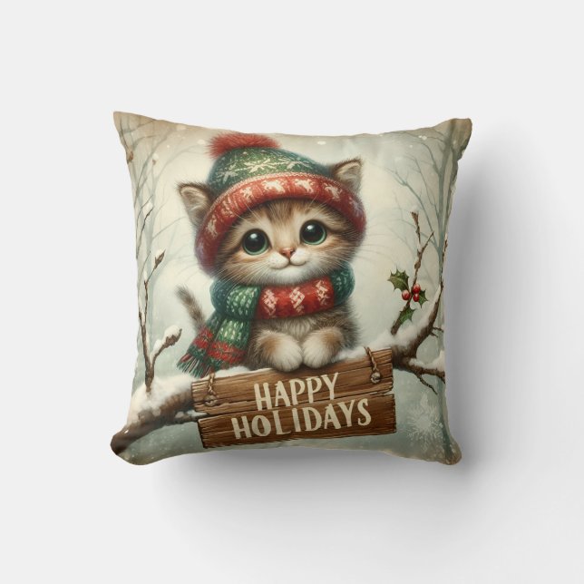 Almofada Travesseiro decorativo de Gatinho de Natal (Frente)