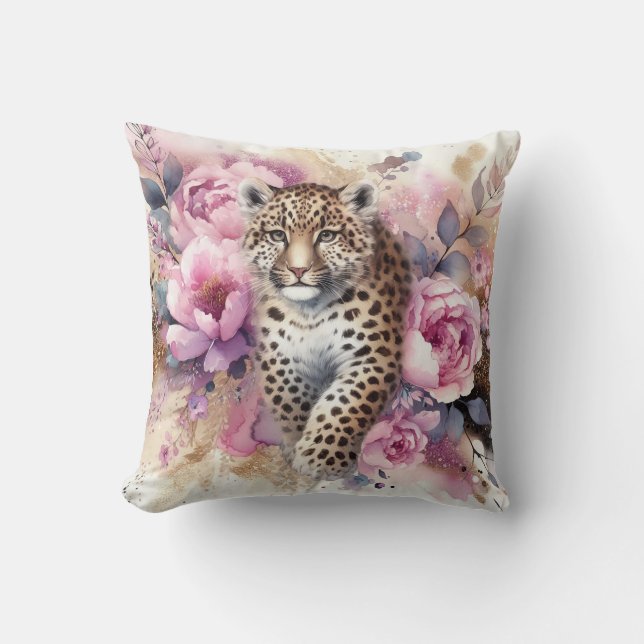 Almofada Travesseiro decorativo de leopardo e Rosas (Frente)