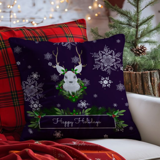 Almofada Travesseiro decorativo de Rena Roxa (Purple Reindeer Christmas Throw Pillow)