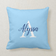 Travesseiro decorativo de Script do Monograma Azul