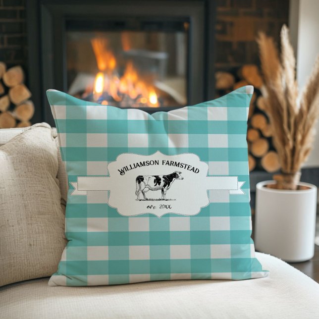 Almofada Travesseiro decorativo de Vaca de Xadrez Teal Buff (Teal Buffalo Plaid Farm Cow Throw Pillow)