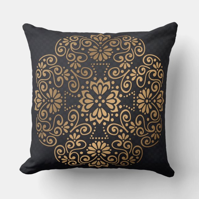 Almofada Travesseiro Decorativo Dourado E Preto De Mandala (Frente)