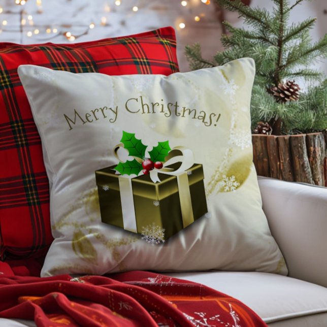 Almofada Travesseiro Decorativo Dourado Presente de Natal (Gold Christmas Gift Throw Pillow)