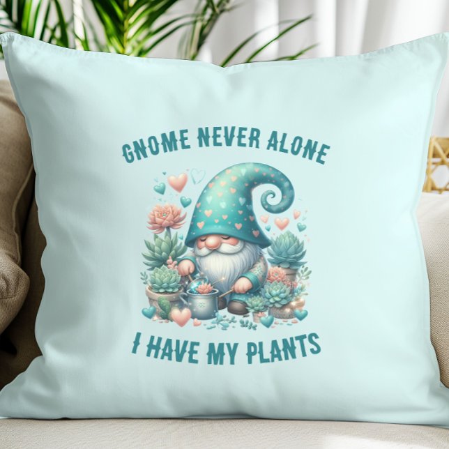 Almofada Travesseiro decorativo Engraçado Gnomo Plantado (Gnome never alone I have my plants funny gnome pun plant lover pillow)