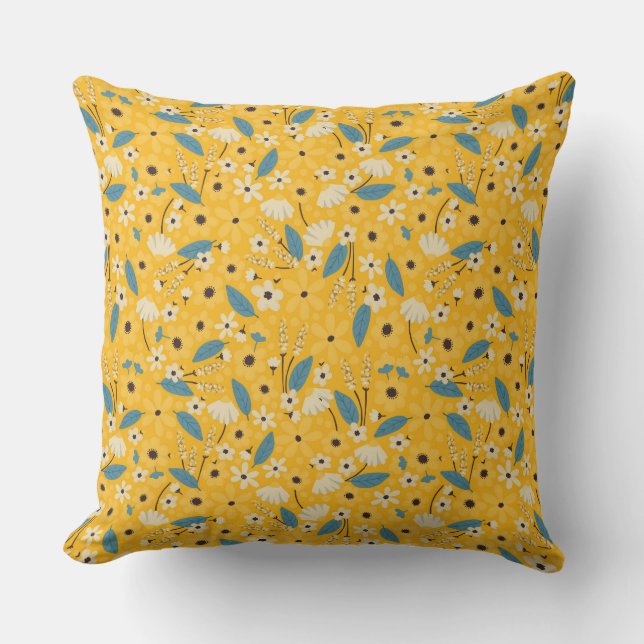 Almofada Travesseiro decorativo Floral Amarelo e Azul, Dest (Frente)
