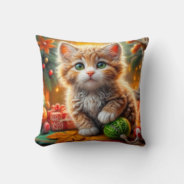 Almofada Travesseiro decorativo Fluffy Christmas Kitten (Frente)