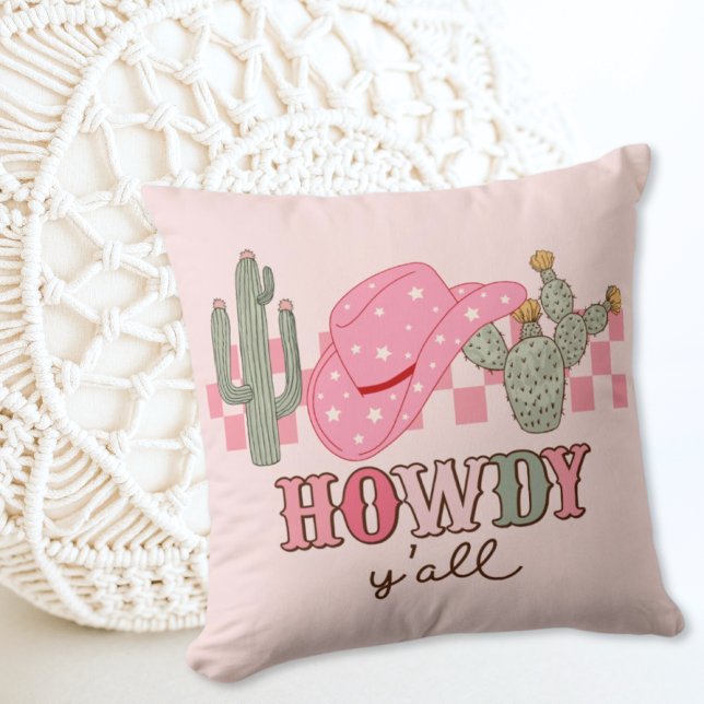 Almofada Travesseiro decorativo Moderno Howdy Yall, Pink Co (Pink Cowgirl Preppy Howdy Yall Modern Throw Pillow)
