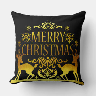 Almofada Travesseiro Decorativo Natal Feliz Preto Dourado F