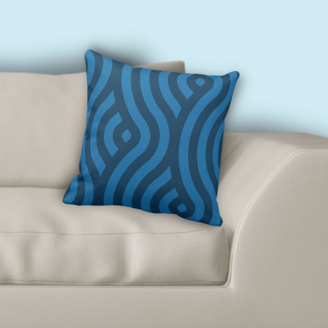 Almofada Travesseiro decorativo Padrão de Onda Azul Moderno (Modern Blue Striped Wave Pattern Throw Pillow, Living Room)