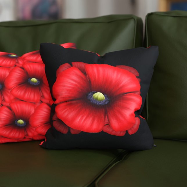 Almofada Travesseiro decorativo Preto com Padrão de Flor Ve (Pop a poppy pillow on your sofa! This red and black modern floral pillow is double sided.)