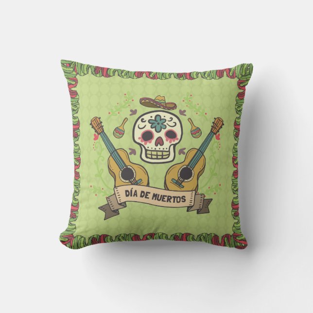 Almofada Travesseiro decorativo Sugar Skull & Guitars Dia d (Frente)