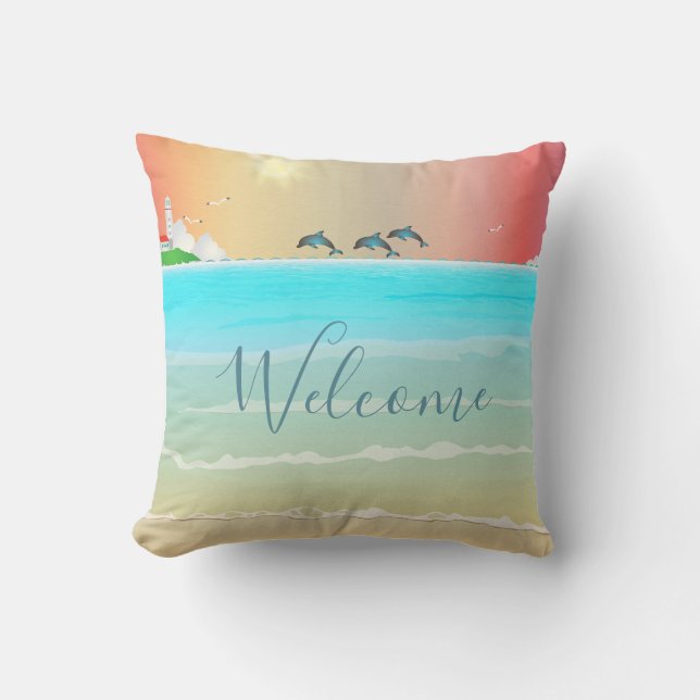 Almofada Travesseiro Decorativo Tema Praia com Golfinhos (Frente)