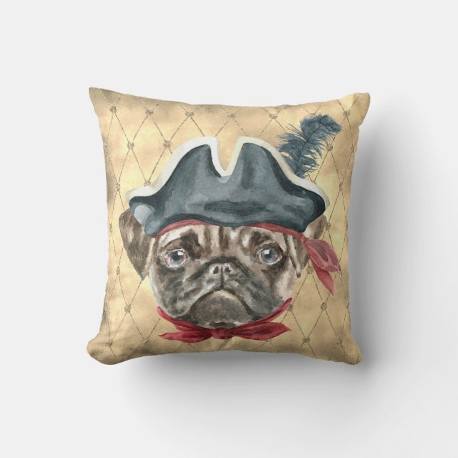 Almofada Travesseiro do Pirata Pug de Rosto Preto (Frente)
