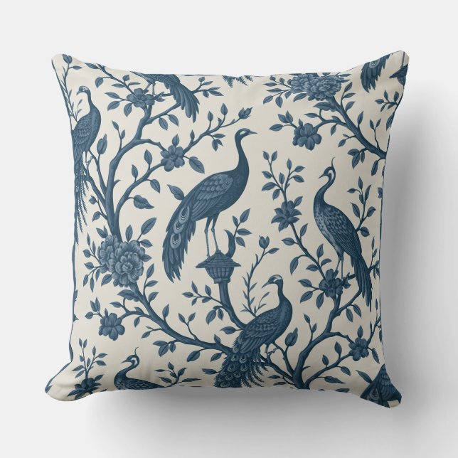 Almofada Travesseiro Estilo Chinoiserie Azul e Branco com P (Frente)